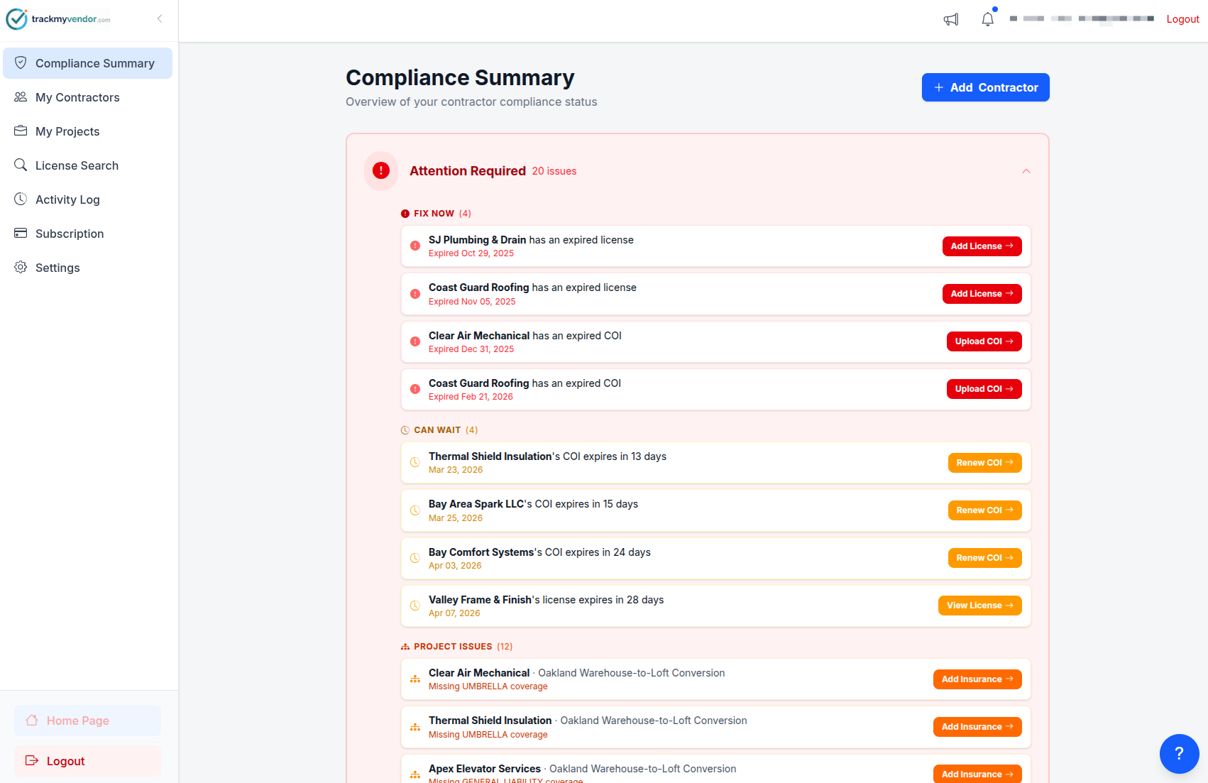 Compliance summary dashboard showing attention required issues including expired licenses, expired COIs, and expiring documents for a contractor roster